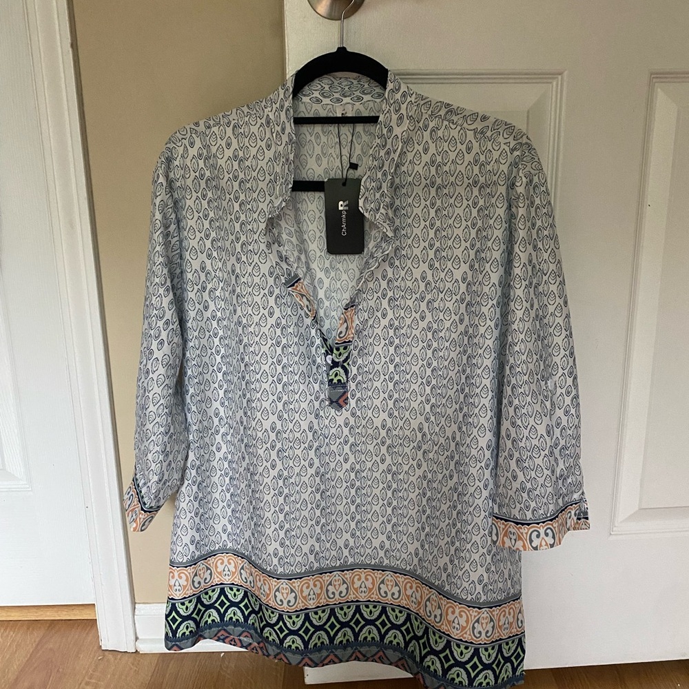 Multi color 3/4 Sleeve Tunic with Mandarin Collar